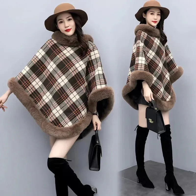 

Plaid Thickening Plus Velvet Cloak Shawl Outerwear Women Knitted pullover Sweater Coat With Fur Collar Sweater Autumn Winter