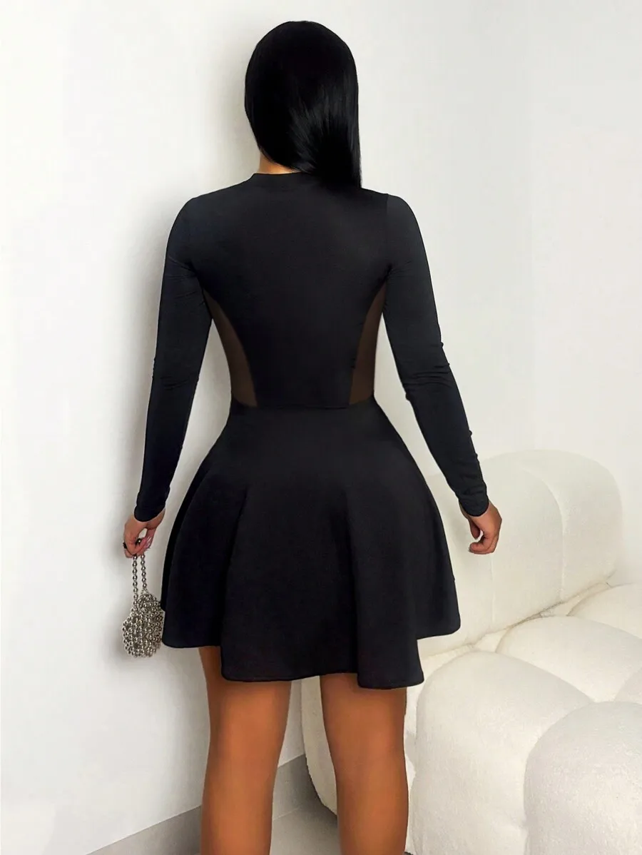 Women Black Long Sleeve Sheer Mesh Cut Out Mini Dress For Party Night Out view 2