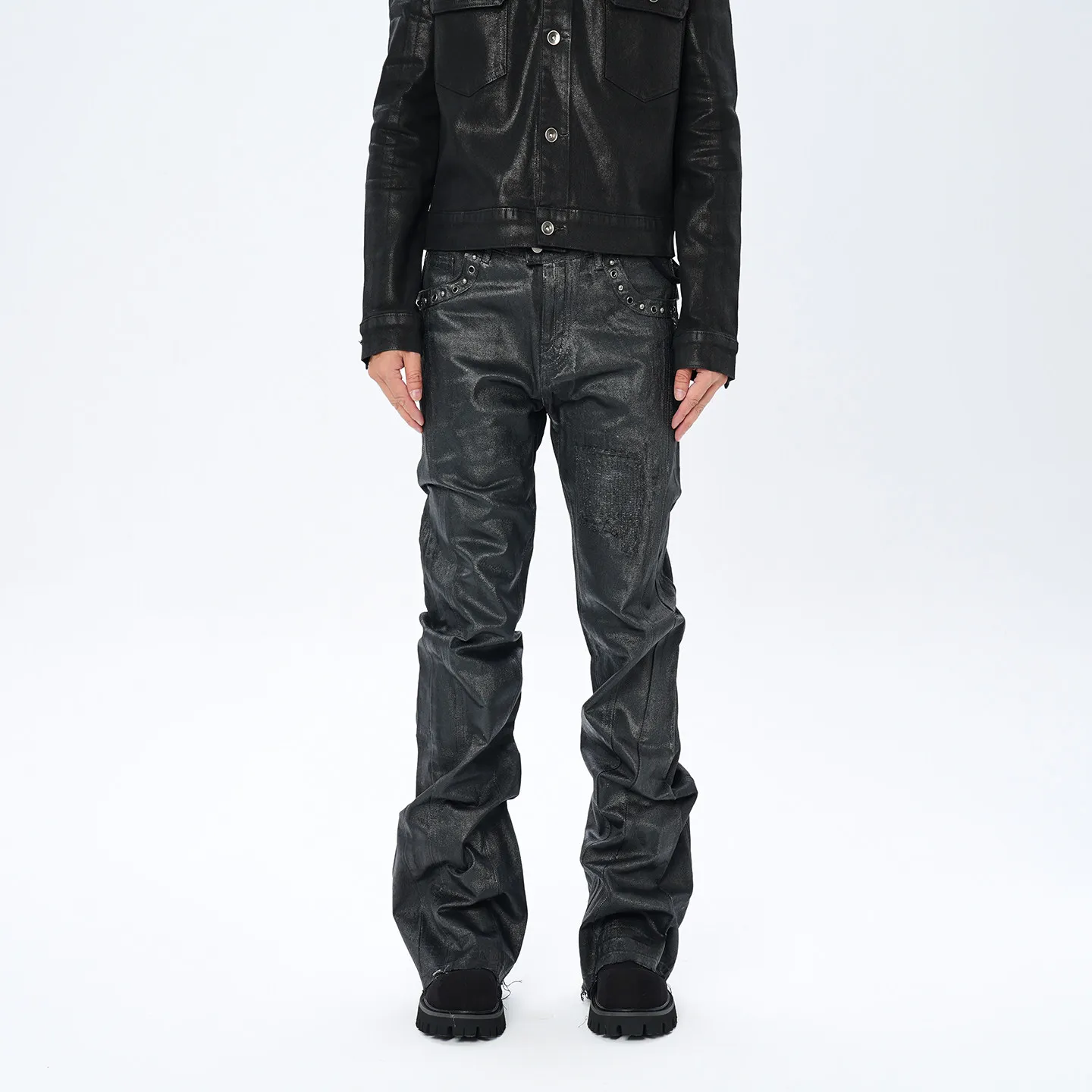 Fashion American Retro Visual Style Niche Dark Rivet Hard Coating Brush Wax Burr Skinny Jeans for Men