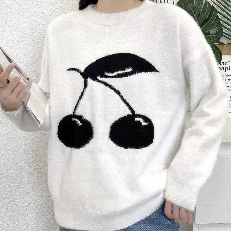 EBAIHUI Cherry Jacquard Women's Knitted Sweater Simple Versatile Round Neck Ladies  Long Sleeve Pullover Autumn Daily Casual Top image 5