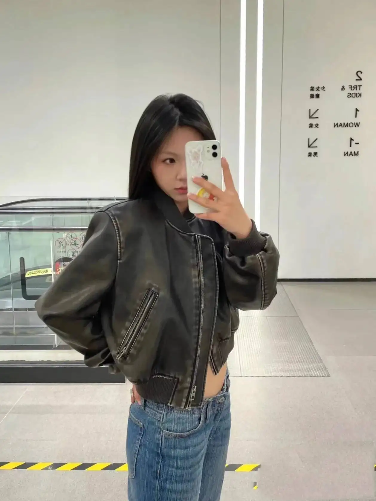 ZVRI 2024 New Vintage Imitation Leather Bomber Jacket Coat Top Women's Style