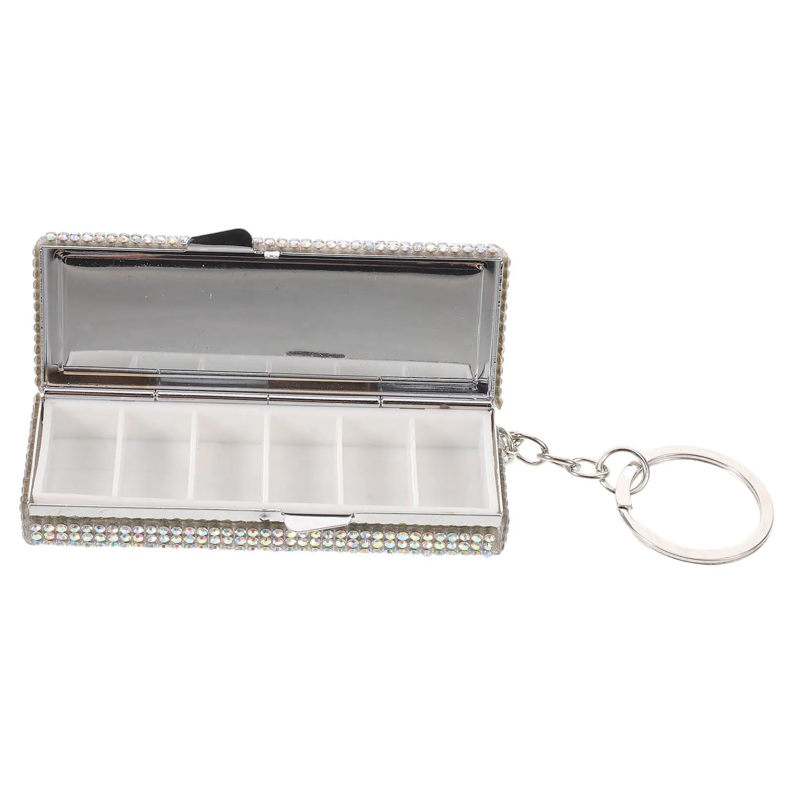 6 Compartment Waterproof Pill Organizer Portable Aluminum Alloy Rhinestone Bling Pill Box Keychain Travel Medicine Case Daily