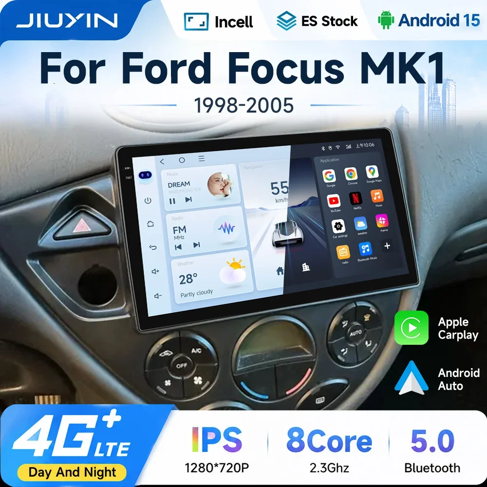 JIUYIN 9" Android 15 Autoradio für Ford Fiesta 1995 - 2001 Focus MK1 1998 - 2005 Multimedia-Video-Headunit Wireless Carplay Audio GPS FM Stereo-Player
