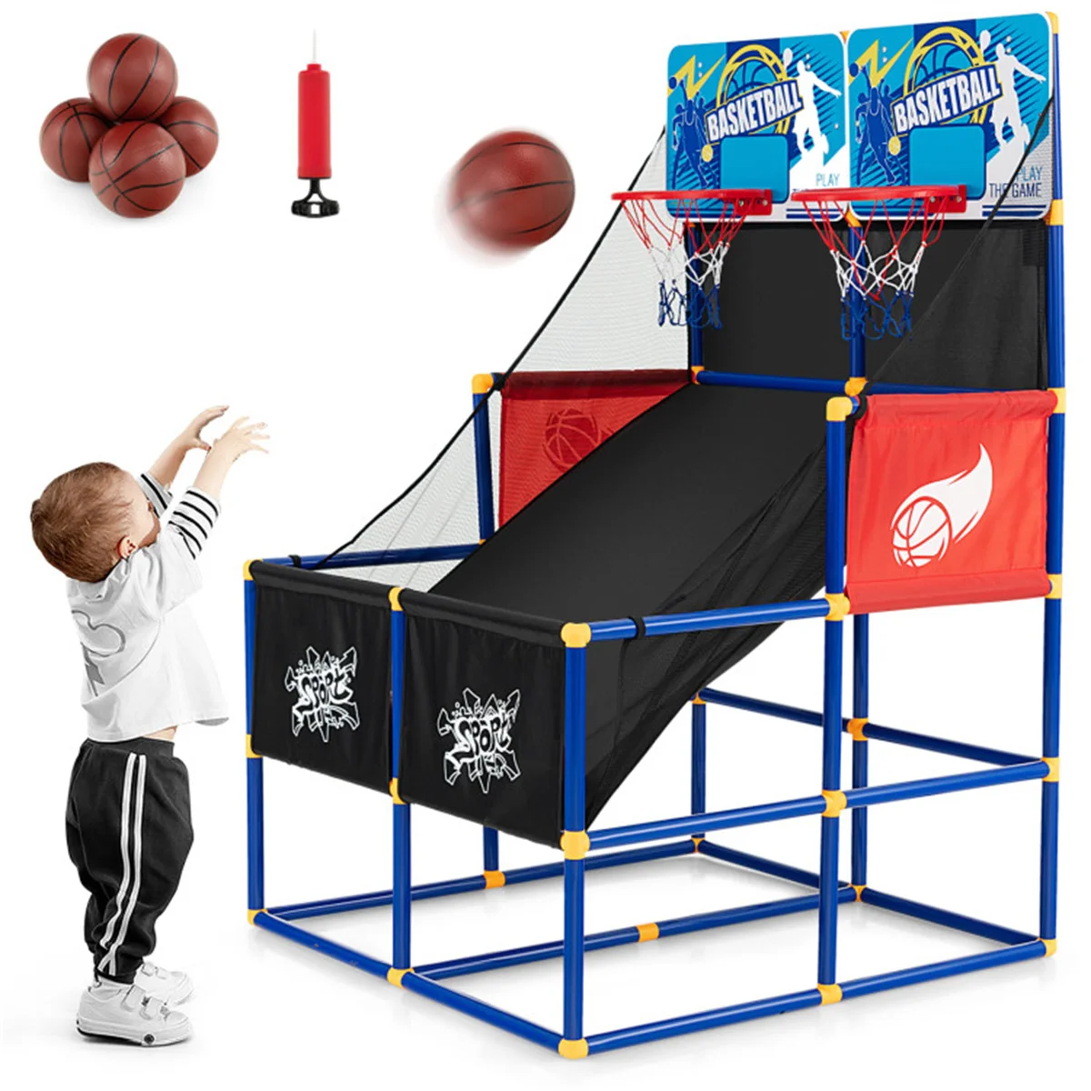 

Dual Shot Kids Basketball Arcade Game - 2 Backboards+4 PVC Balls+Pump, 3+ Ages, Black+Blue+Red