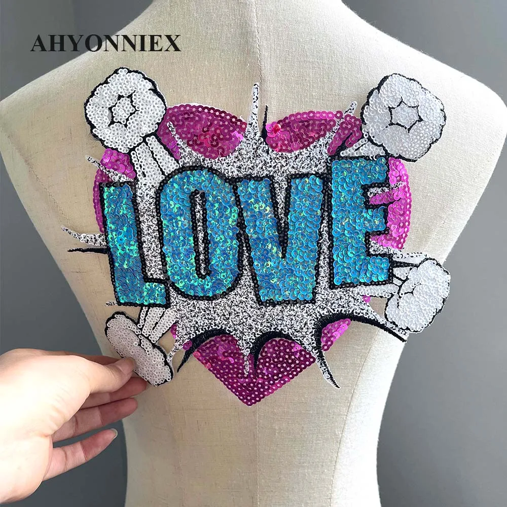 25CM X 21CM Shining LOVE Heart Embroidery Patch Sequins Patches For Clothing Applique Iron On Patches