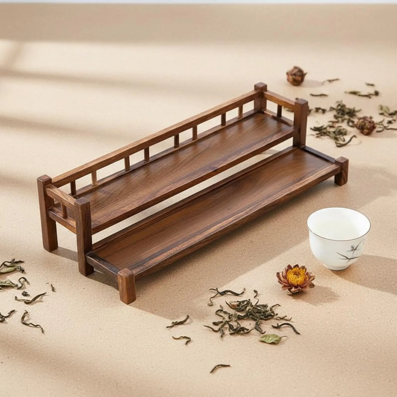 Double Layer Tea Stand Space-Saving Wooden Tea Shelf Bamboo Cup Holder Shelf unattachedStanding Home Storage Easy to Clean