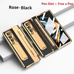 Plating Hard For Samsung Galaxy Z Fold 4 5 3 Fold3 Fold5 Case Pen Slot Glass Film Leather Stand Hinge Protection Cover