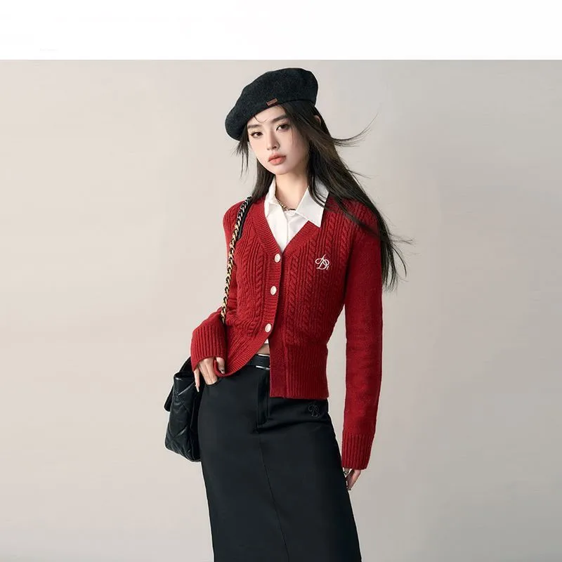 STSVZORR Spring and Autumn 2023 new design Korean style collegiate V-neck slim sweater cardigan+shirt fashion two-piece set