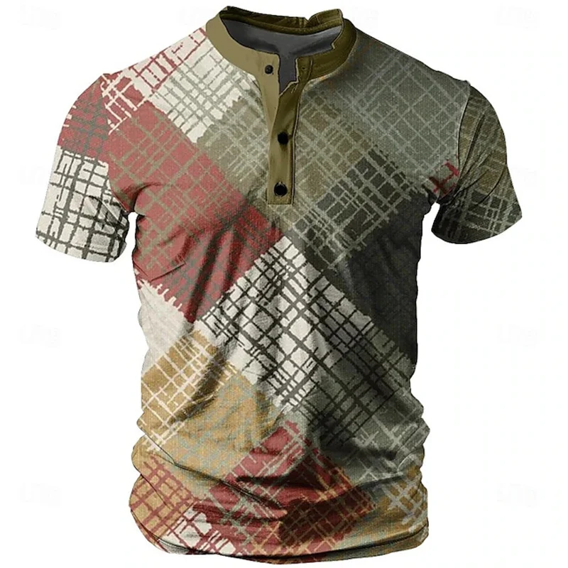 Fashion Vintage Men's T-Shirt 3D Splicing Print Henry Shirt Casual Breathable Short Sleeve Tops Summer Street Tee Loose Clothing