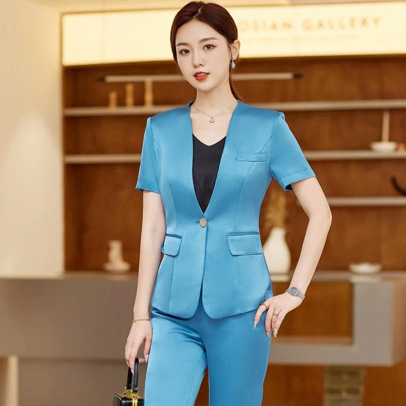 Summer Short Sleeve Formal Women Business Pantsuits with Pants and Jackets Coat OL Work Wear Professional Blazers Trousers Set