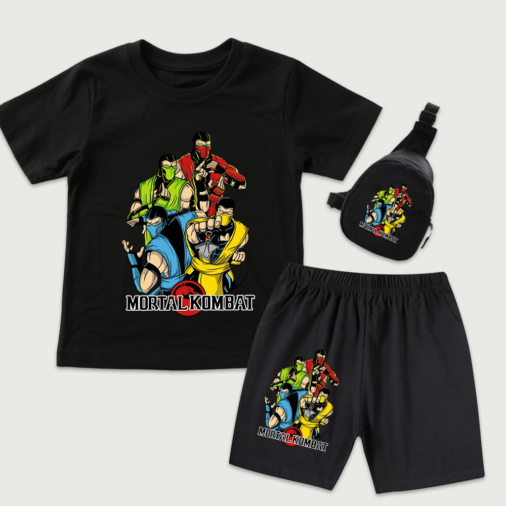 Mortal Kombat Characters Anime Print Kids Cotton T Shirt and Shorts Set with Mini Chest Bag 3pcs Set for Boys Girls Casual Wear