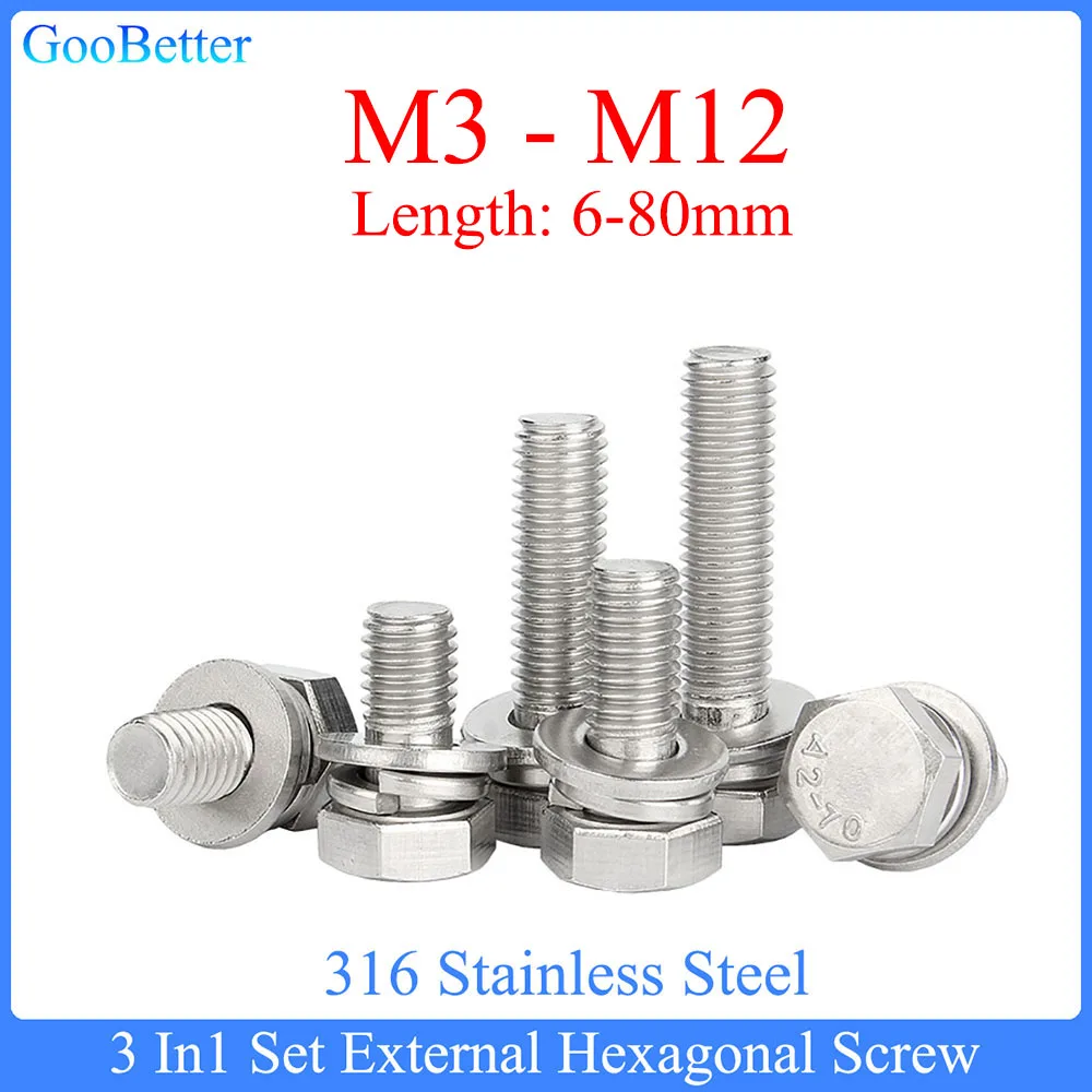 3 In1 Set External Hexagonal Screw M3 M4 M5 M6 M8 M10 M12 304 Stainless Steel Hexagon Bolt And Spring Washers Combination Screw