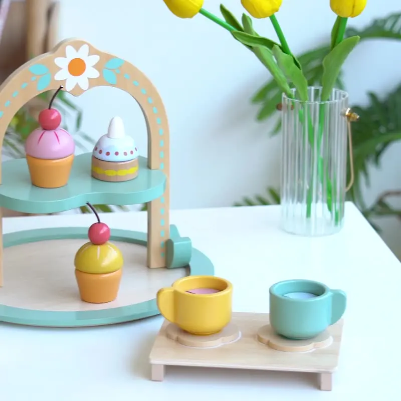 Wooden Pretend Play Kitchen Toys Coffee Machine Tea Set Toy Cake Ice Cream Play Set Learning Toys for Girls Boys Children Gifts