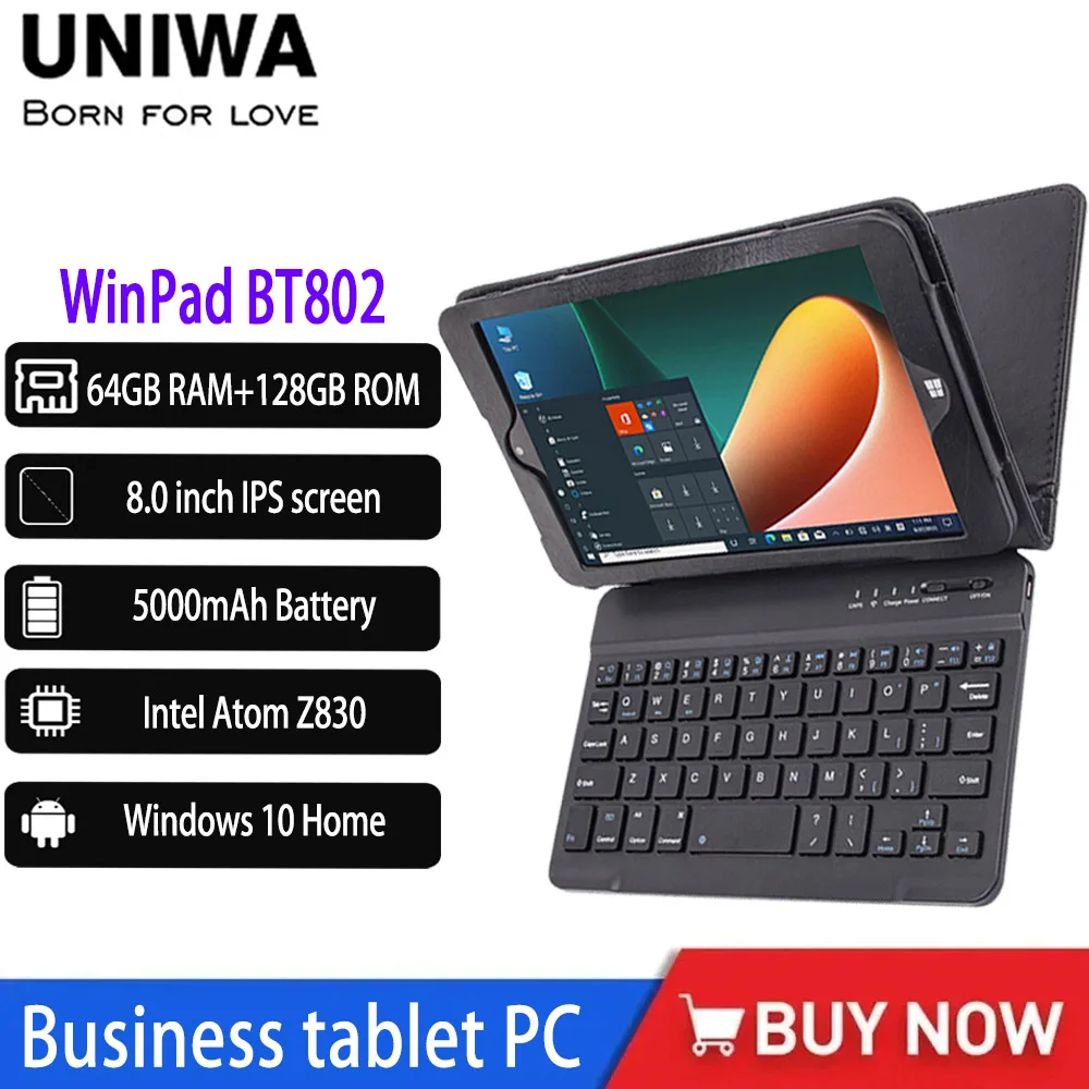 

UNIWA WinPad BT802 Windows 10 Home Business Tablet 8.0 Inch IPS Capacitive Touch Screen 8GB 128GB 5000mAh Smart Tablet WiFi & BT