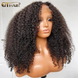 QT-peruca dianteira do laço encaracolado para mulheres negras, afro kinky perucas, 13x4 HD, cabelo humano transparente, fechamento do laço 4x4