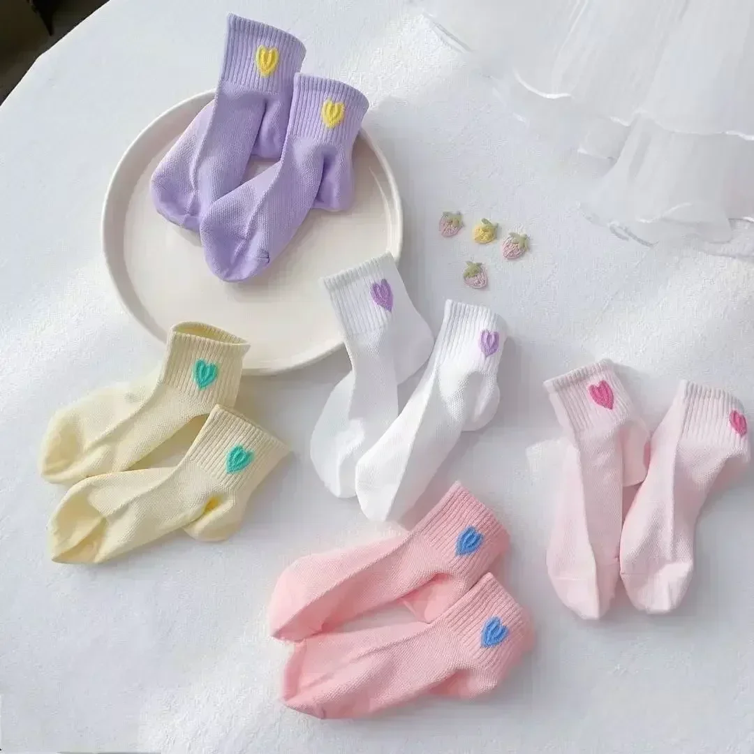 Spring Summer Women Cotton Socks Cute Heart Embroidery Sweet Macaron Color Breathable Ankle Socks Female Casual Hosiery