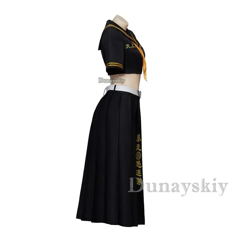 Manjiro Sano Cosplay Kostuum Pruik Zwart Sexy Top Rokken Uniform Longuette Vrouwen Halloween Feest Kleding Jk Uniform Matroos Jurk