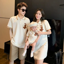 Family Bear Clothes Mom and Daughters Summer Dress Dad Son Matching Polo Shirts Baby Cute Bodysuit 2024 New Parent-child Clothes