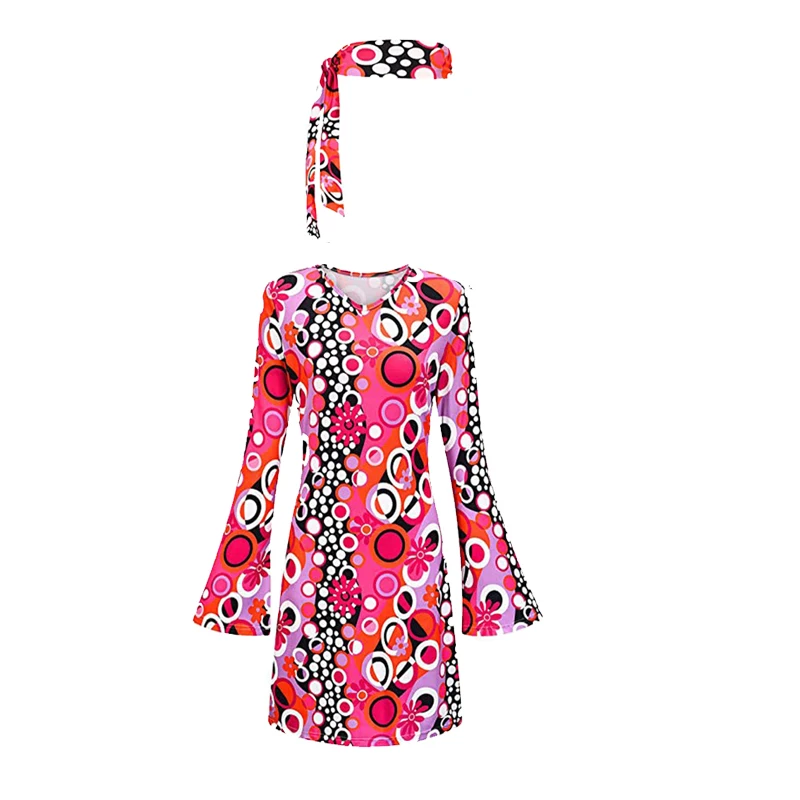 Vestido con estampado floral para mujer estilo hippie de los años 70 + pañuelo para la cabeza, 2 conjuntos, vestido de escenario de baile de manga larga con cuello redondo para mujer