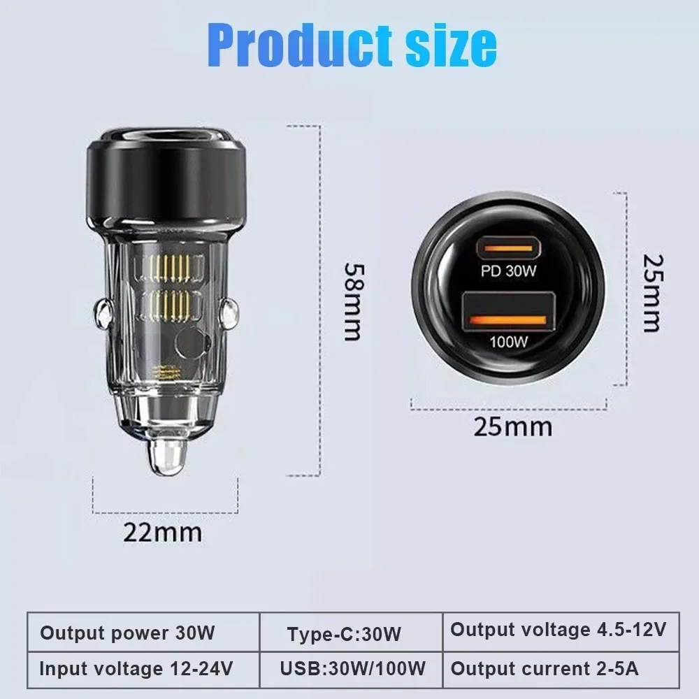 130W Type C Transparent Car Charger USB Fast Charging in Car for iPhone 16 15 Xiaomi 14 Huawei Quick Charge Mobile Phone Charger