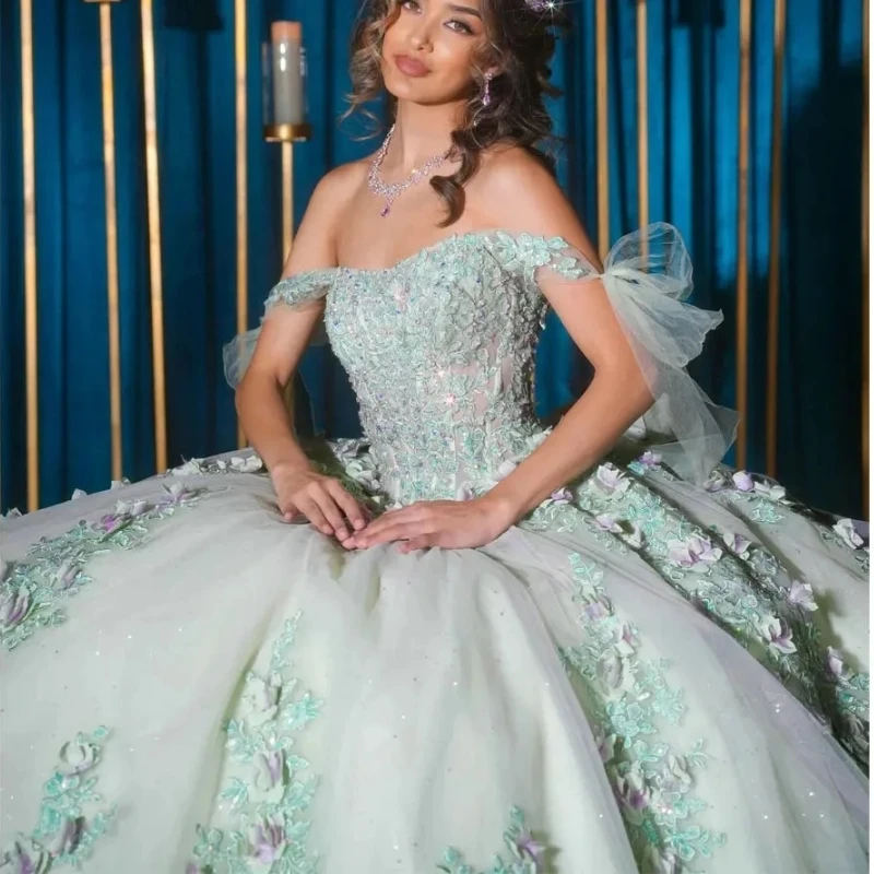 Princess Off The Shoulder Quincenara Dresses Ball Gown Illusion 3D Flowers Appliques Lace Sweet 15 Vestidos De XV Años