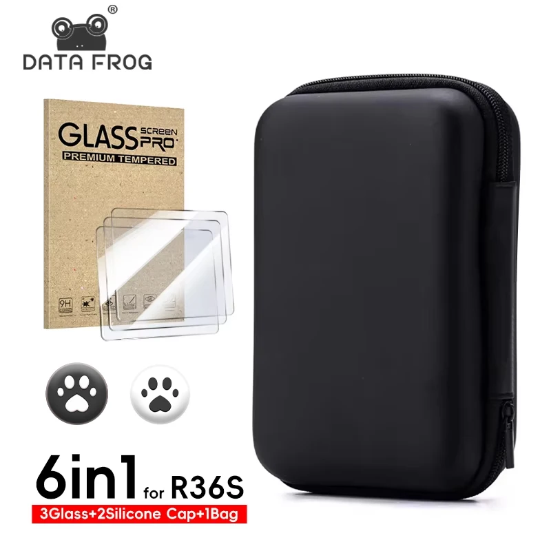 DATA FROG 6-in-1-Schutzset für die R36S-Spielekonsole, Tragetasche mit Displayschutzfolie aus gehärtetem Glas, komplettes Kit