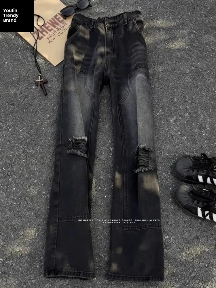 

Мужские зимние джинсы Black Hole Ripped Jeans в американском стиле High Street, прямые, с эффектом потертости, для работы и повседневной носки, молодежные