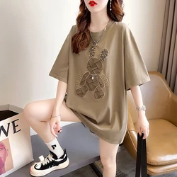 Cotton Short Sleeve Women T-shirt 2023 New Summer Loose O-neck Bottoming Top Diamond Bunny All-match Casual Female Tees