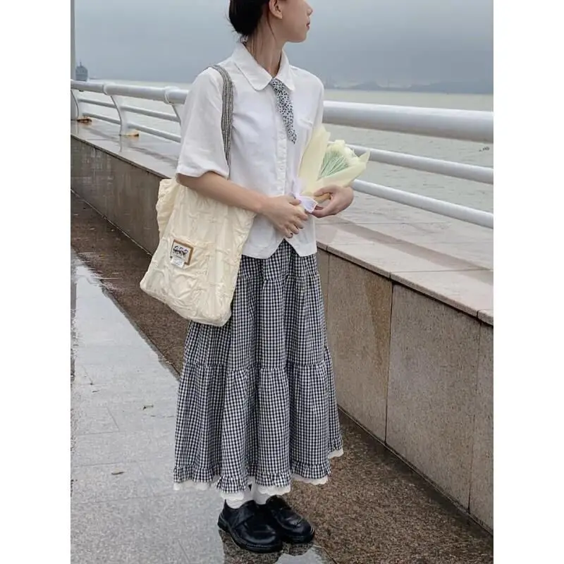 Deeptown Japanese Style Plaid Long Skirt Women Kawaii Sweet Ruffle Midi Skirt Fashion Preppy Style A-line Cutecore Casual Skirts