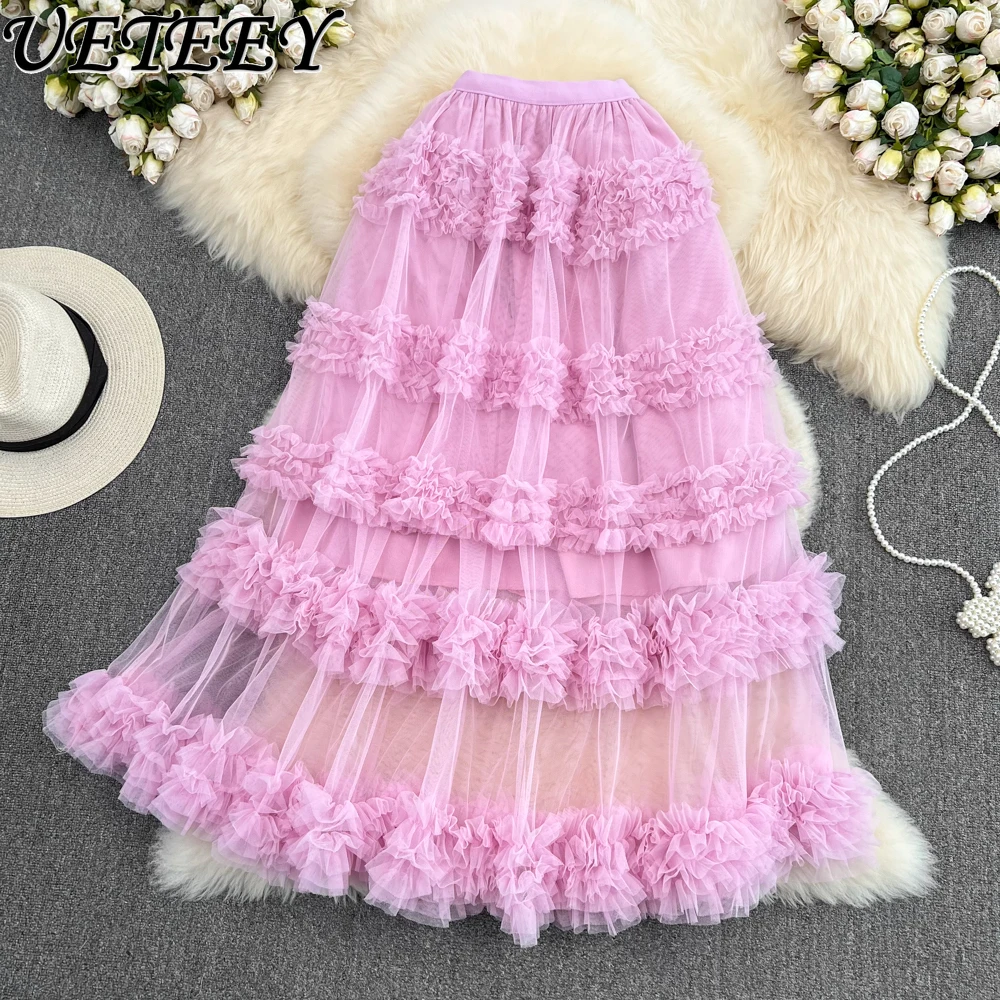 High Waisted Slimming Tulle Skirt Elastic Waist Mid-Length Over-the-Knee Irregular Multi-Layer Wooden Ear Fairy Tiered Skirts