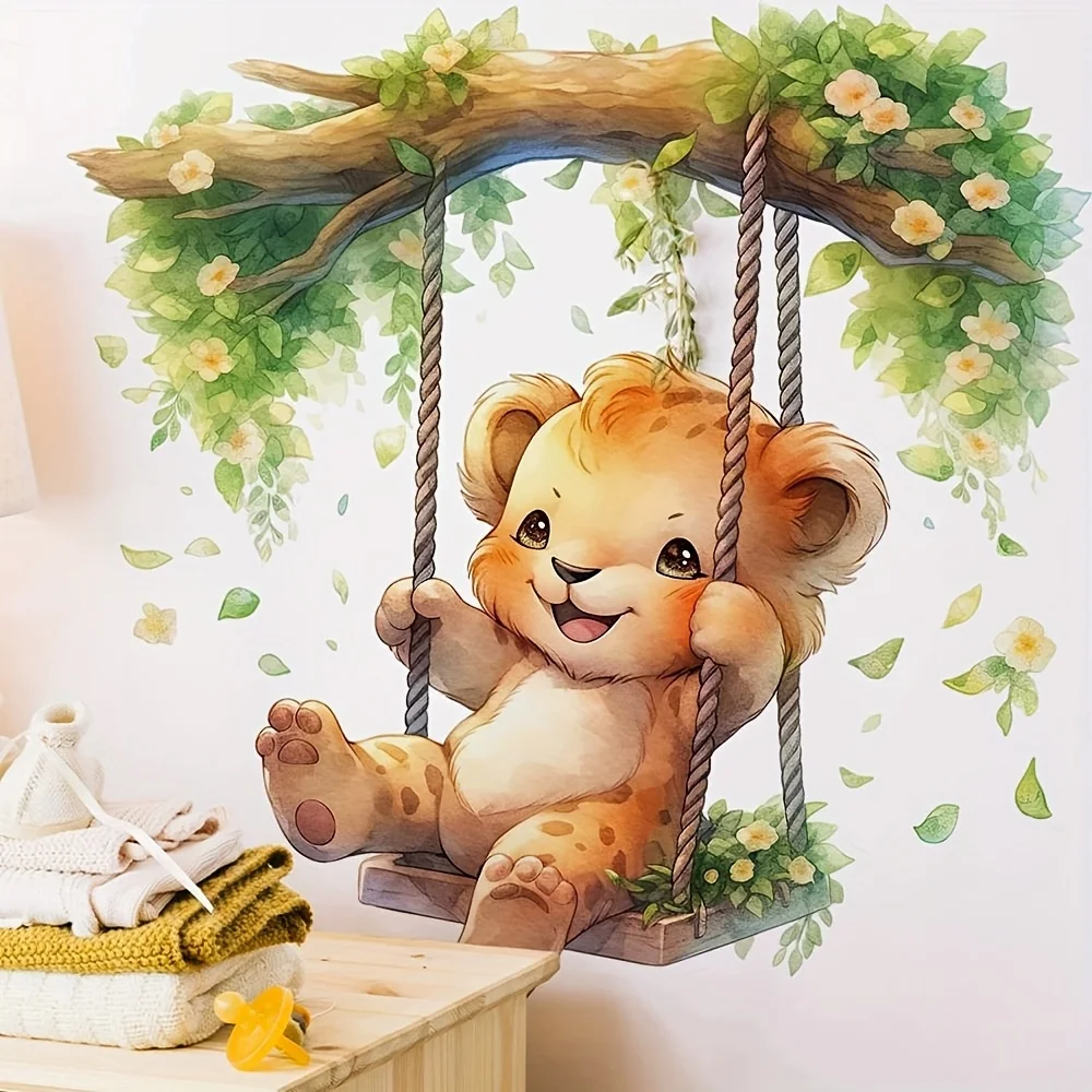 1 Cartoon Animal Paradise Cute Little Leopard Swing Wall Sticker Room Decoration Background Wall Self-Adhesive Sticker Porch Kitchen Entrance Room Wall Decoration Self-Adhesive Sticker