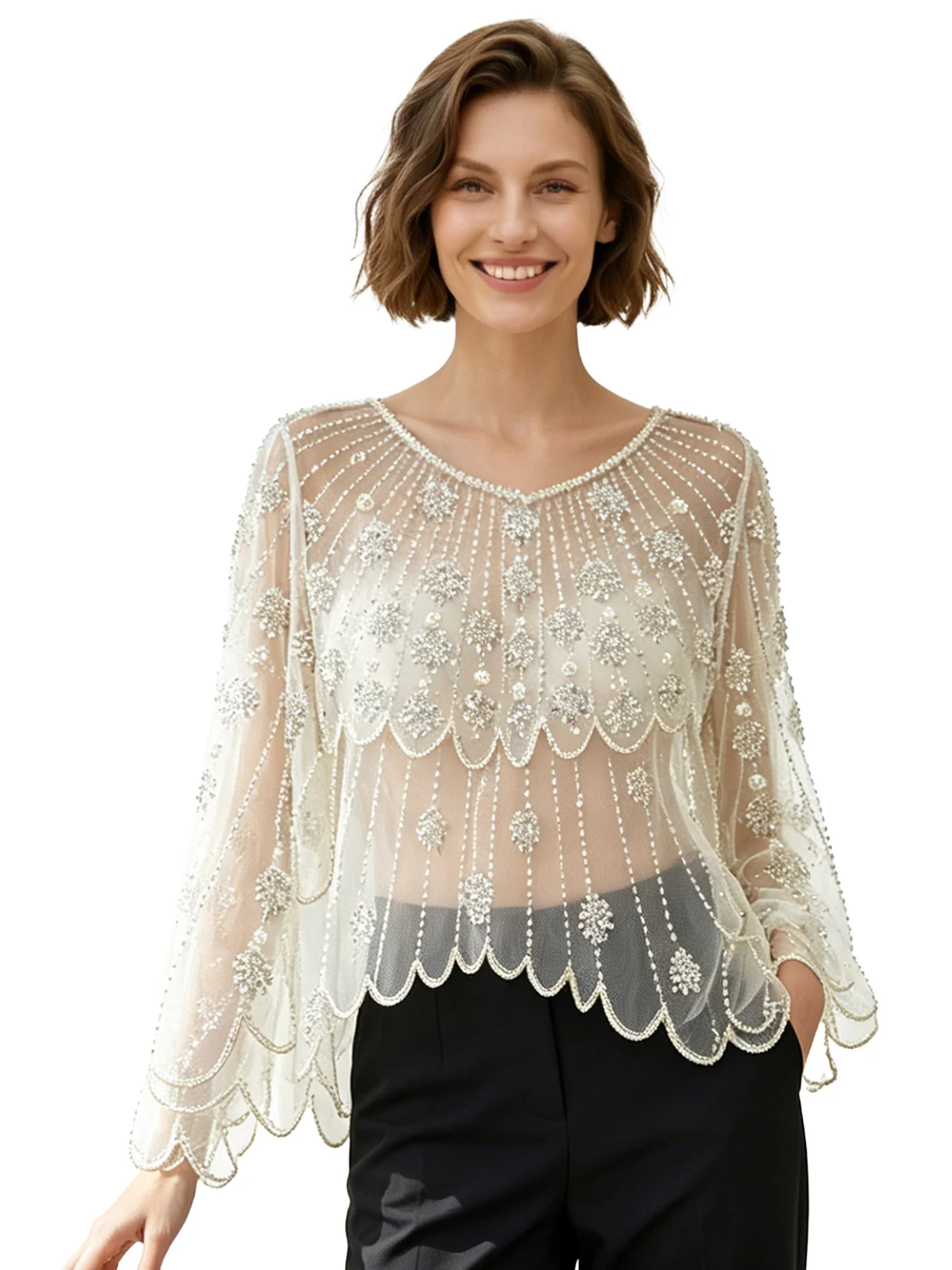 Womens Embellished Cape Top Shawl Sequin Beaded Short Cardigan Flared Long Sleeve High-low Hem Waved Trims