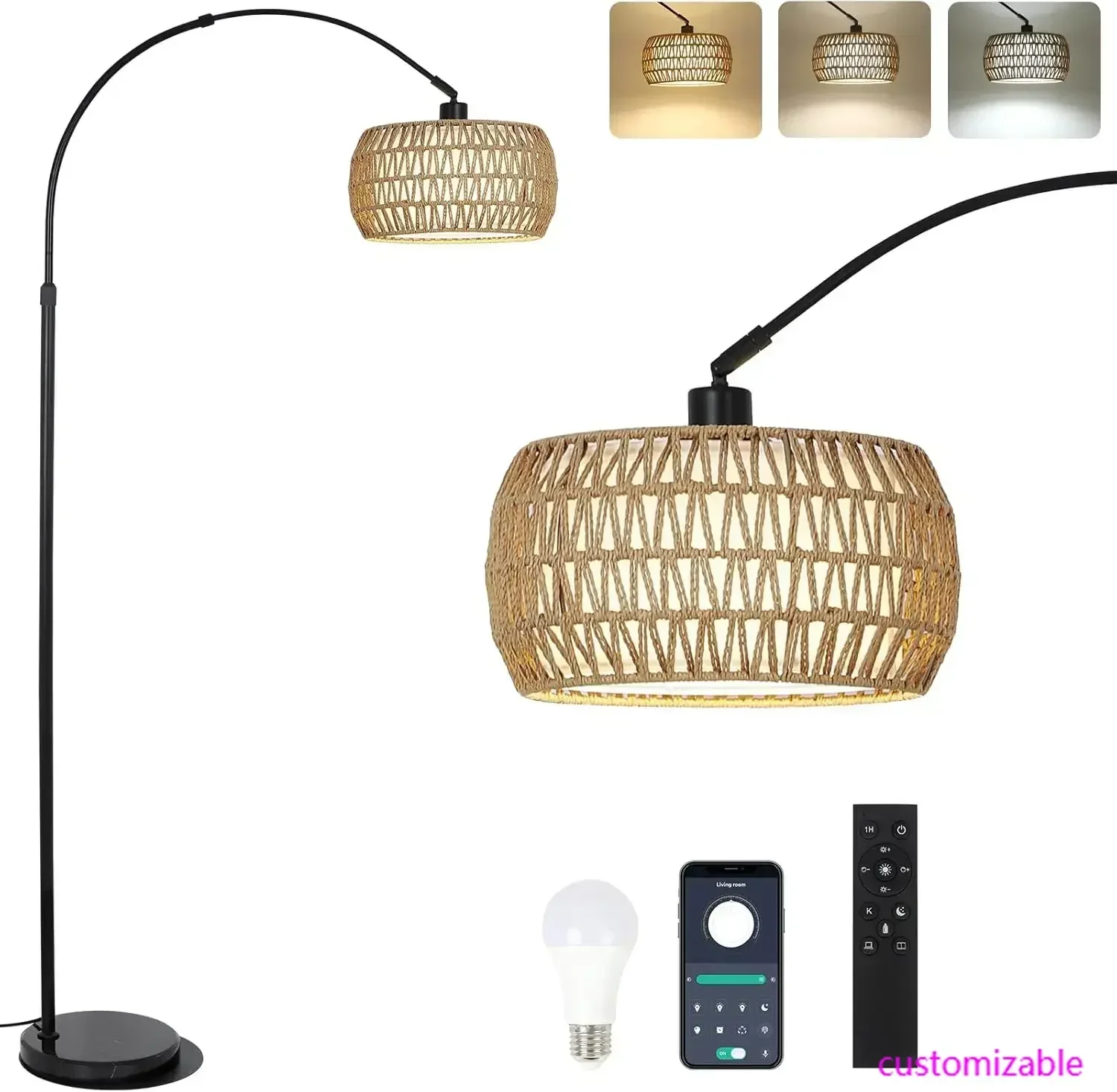 

Arc Floor Lamps for Living Room with 3 Color Temperatures, Black Standing Lamp with Remote & Dimmable LED Bulb, Rattan Boho