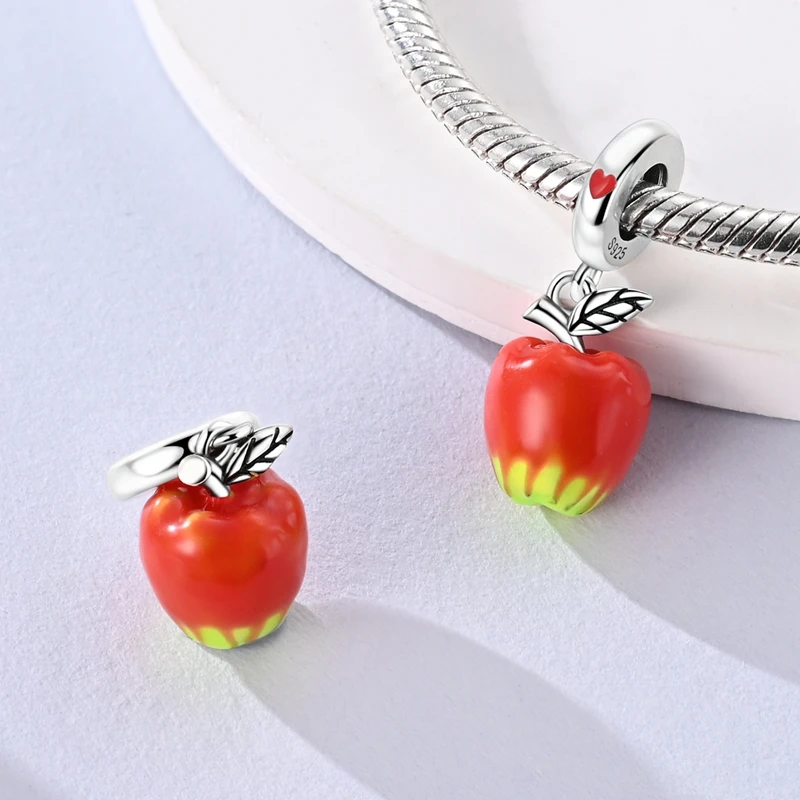 จี้เงินแท้ 925 รูปทรงแอปเปิ้ลเคลือบเงา ประดับเพทาย รูปแพนด้า กบ เต่า หัวใจ เหมาะสำหรับใส่กับกำไลข้อมือแบบดั้งเดิม ทำเครื่องประดับ DIY