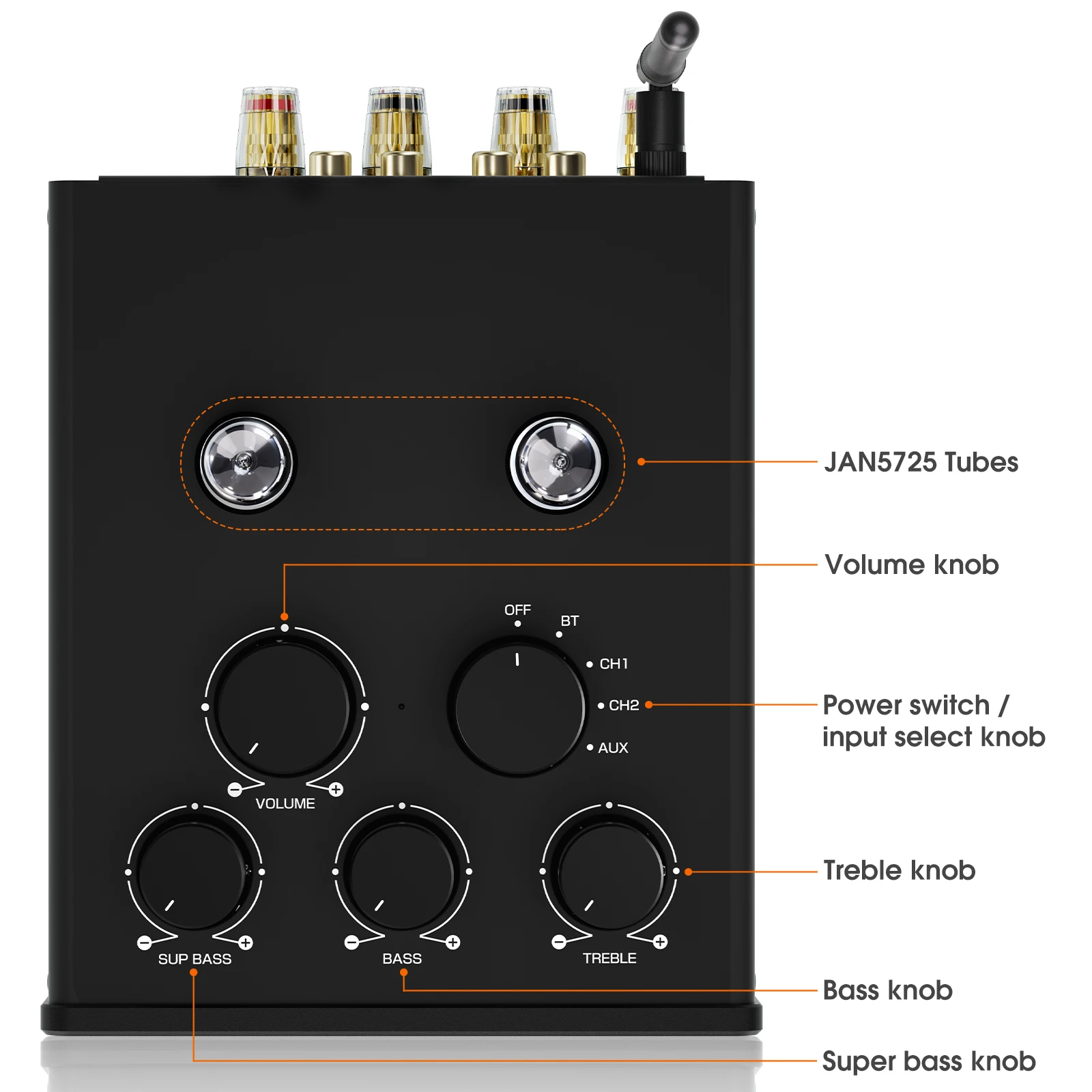 Douk Audio T6PRO HiFi JAN5725 Amplificador de tubo de vácuo Receptor Bluetooth TPA3255 Amplificador de potência com medidor VU 300W + 300W