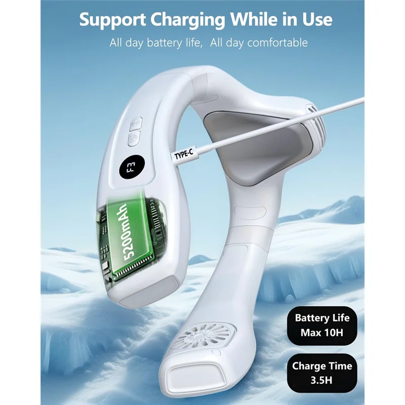Ventola da collo con piastra di raffreddamento, ventole per condizionatore d'aria 2 in 1, funzionamento a batteria da 5200 mAh, per viaggi all'aperto/interni