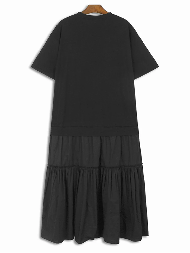 [EAM] Women Apricot Lace Hem Pleated Big Size Midi Dress New Round Neck Short Sleeve Fashion Tide Spring Summer 2024 1DH5017