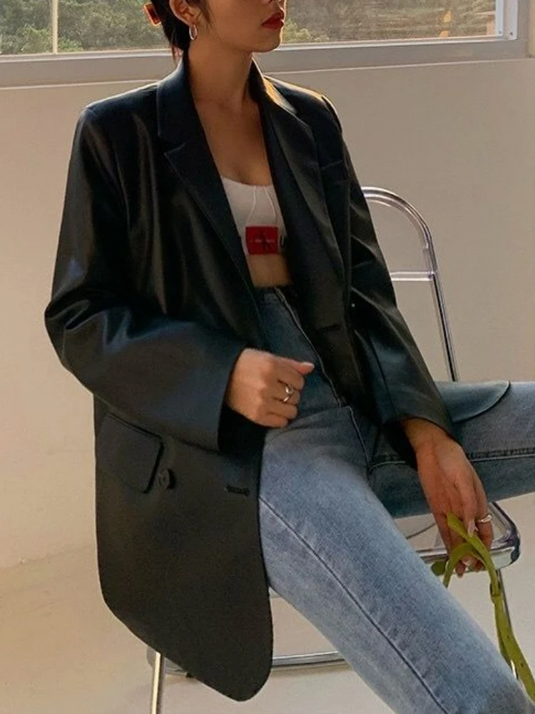 Chaqueta de Moto de cuero negro coreano para mujer, traje de cuero suelto Vintage, Blazers, ropa de calle para mujer, abrigos finos de motociclista, tendencia de moda