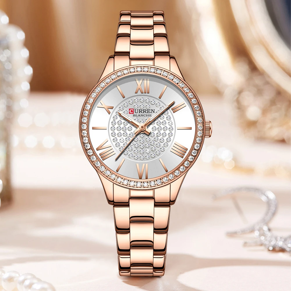 CURREN New Luxury Rhinestone Women Watch Rose Gold Fashion Exquisite Stainless Steel Strap Ladies Wristwatch Quartz Clock Girls