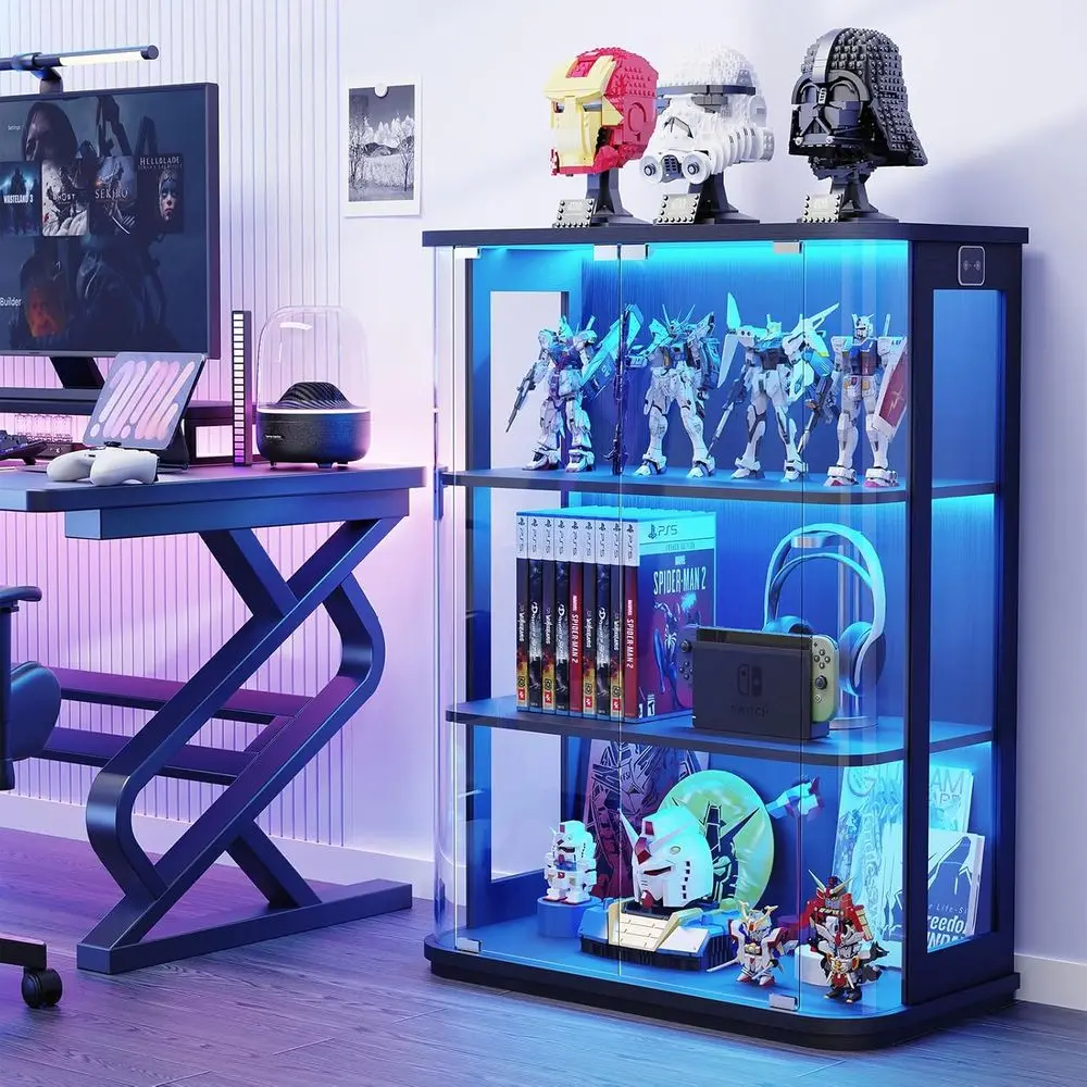 

Illuminated 3-Tier Glass Display Cabinet with Human Body Sensor, Black