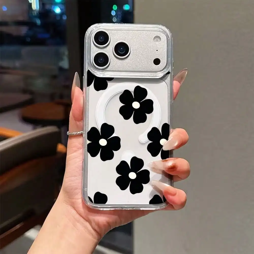 Coque magnétique transparente avec motif floral noir pour iPhone 17/17 Pro/17 Pro Max/17 Air/17e/16e/16/15/14/13/12/11.