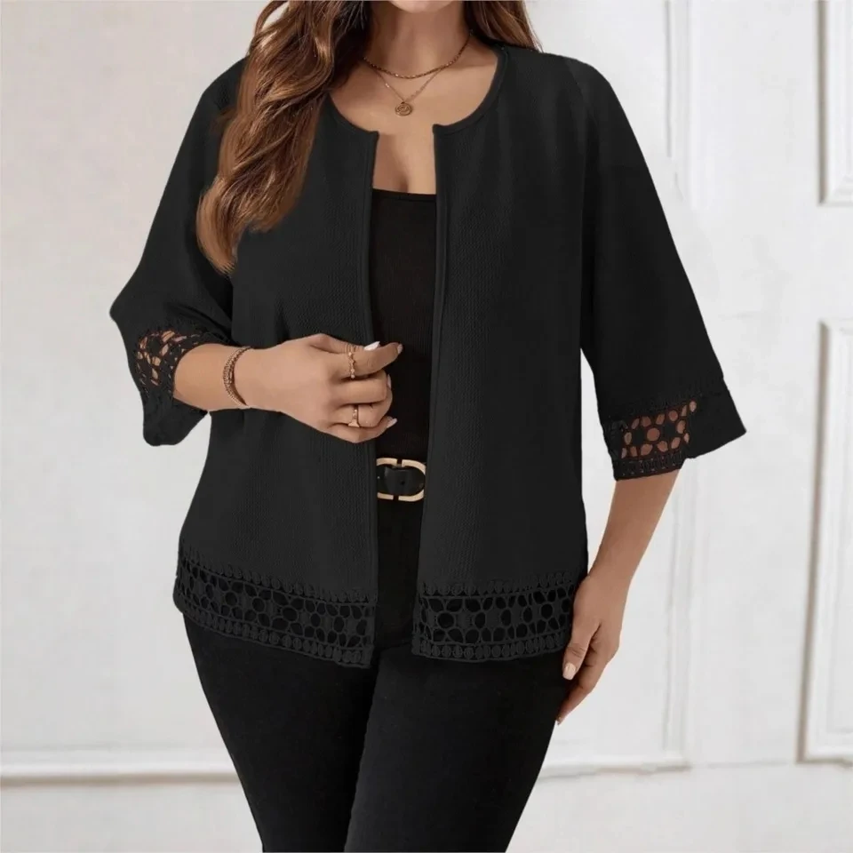 

Модный ажурный кардиган с рукавом три четверти, женский топ, осенняя простая кофта с круглым вырезом, базовая рубашка, верхняя одежда 2025