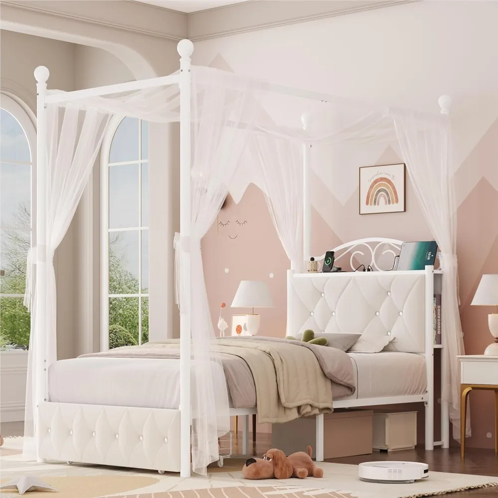 إطار سرير بمظلة منجد مزدوج من Keyluv مع درج ولوح رأسي للتخزين الكريستالي مع محطة شحن #1