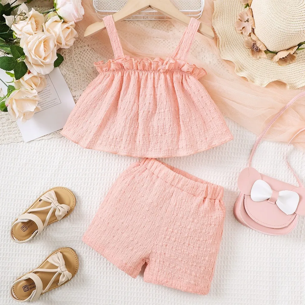

2PCS Baby Girl Lovely Clothes Set Solid Color Sleeveless Sling Top+Shorts Summer Fashion Design Wear for Toddler Girls 0-3 Years
