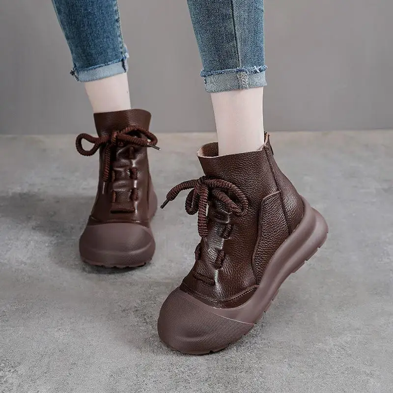 

Casual Leather Boots Women's Autumn Winter New Design Pleated Lace-Up Short Boots Fashionable Low-Cut Rubber Outsole
