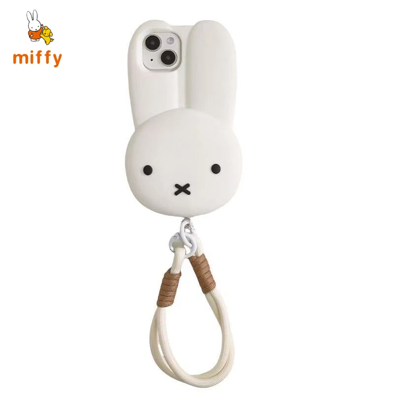 

Kawaii Miffy Phone Case Suitable for Iphone 16 15 14 Cartoon Stereoscopic White Soft Rubber Anti Drop Phone Case with Chain Gift