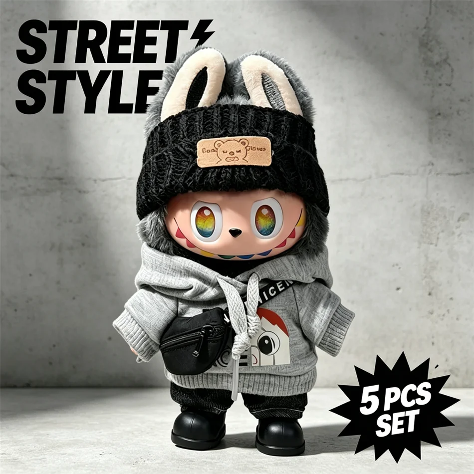 Labubu Doll Clothes 5Pcs Fashion Hoodie Set Cute Outfit Beanie Bag Shoes for 15-17cm Labubu V1 V2 V3 Doll Accessories