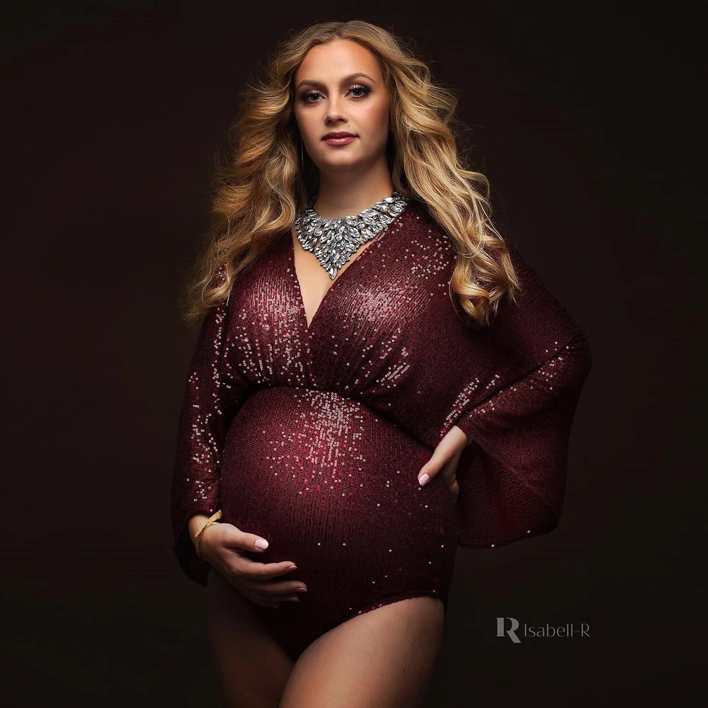 Maternity Photo Shoot Photography Dress For Women Sequins Bodysuit Private Photos Sexy Shiny Long Sleeve Jumpsuit Props Costumes