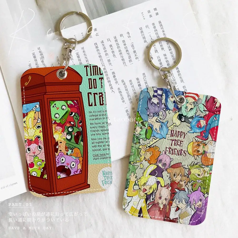 Classic Horror Animation H-Happy Tree Rectangle ID Card Case Keychain Access Card Bag Key Tag Ring Leather Card