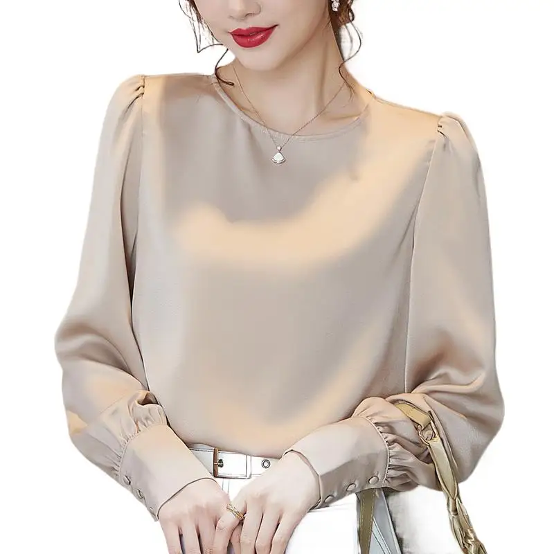 New Spring Women O-neck long sleeve ice silk Shirt White elegant Acetate satin Solid Blouse plus size Women Tops blusas mujer